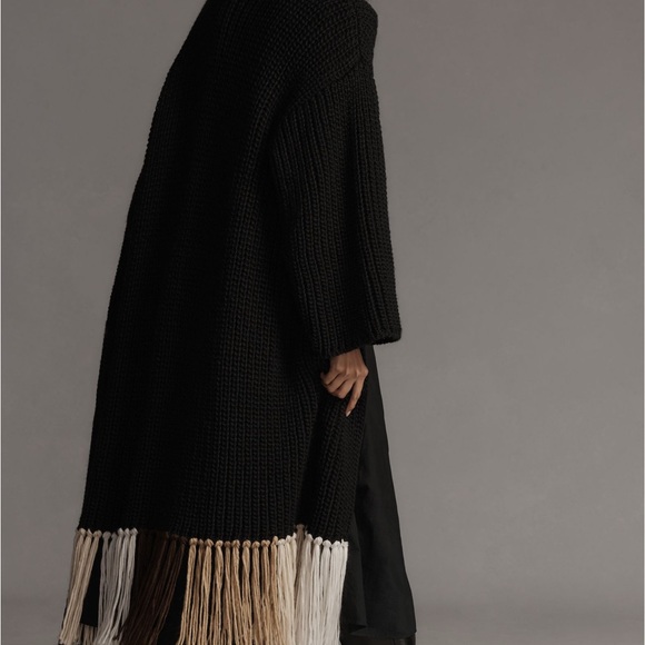 Anthropologie Long and Chunky Black Duster Cardigan with Tan Fringe (one size) - Picture 3 of 10